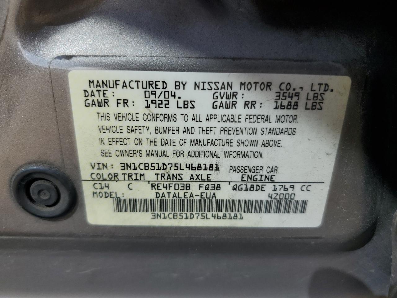 3N1CB51D75L468181 2005 Nissan Sentra 1.8