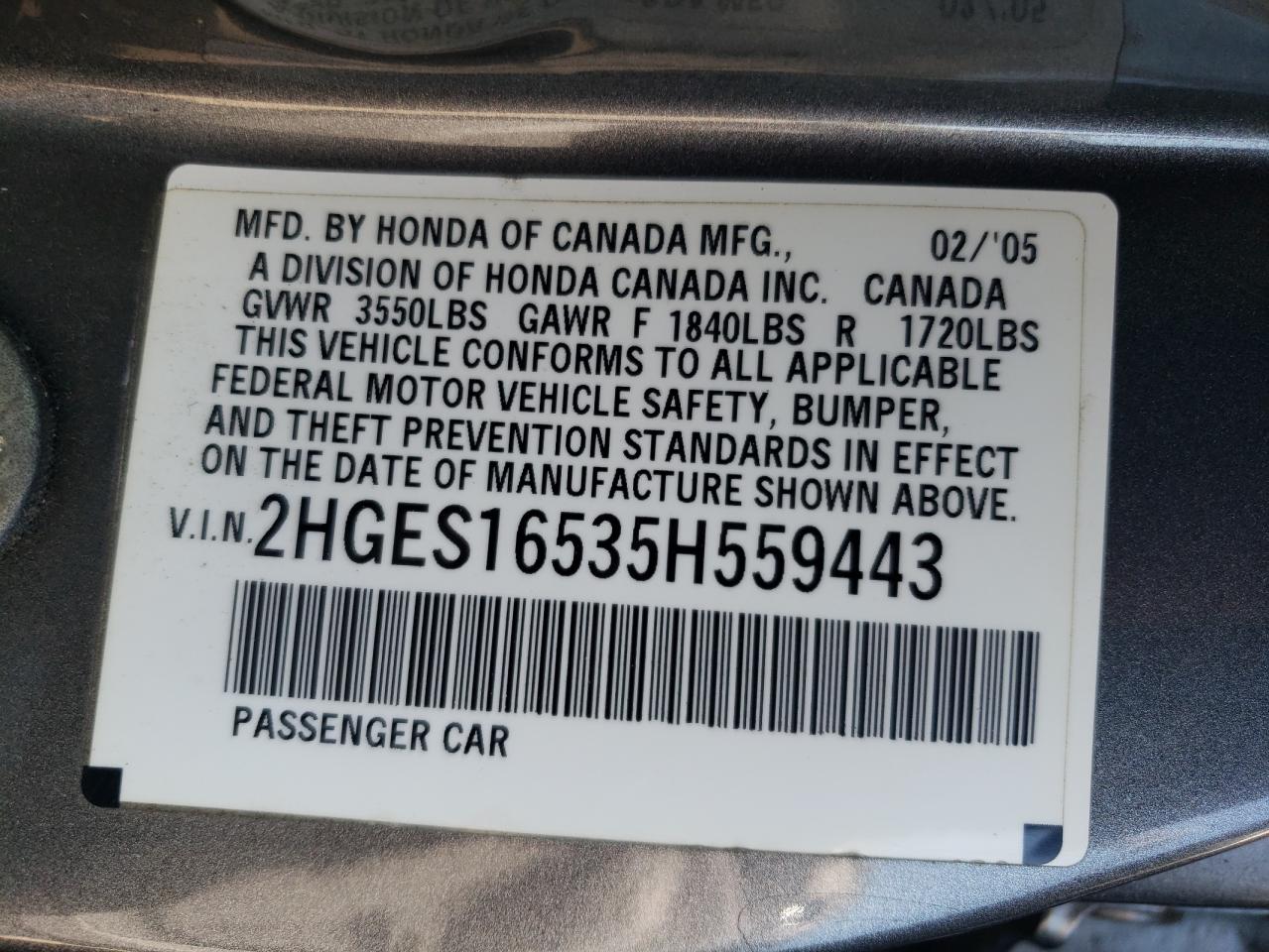 2HGES16535H559443 2005 Honda Civic Lx