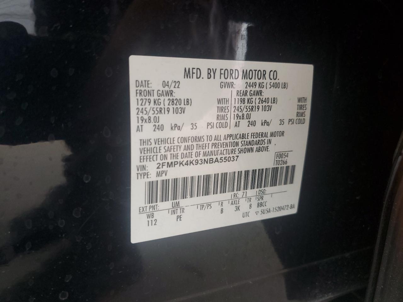 2022 Ford Edge Titanium VIN: 2FMPK4K93NBA55037 Lot: 65829594