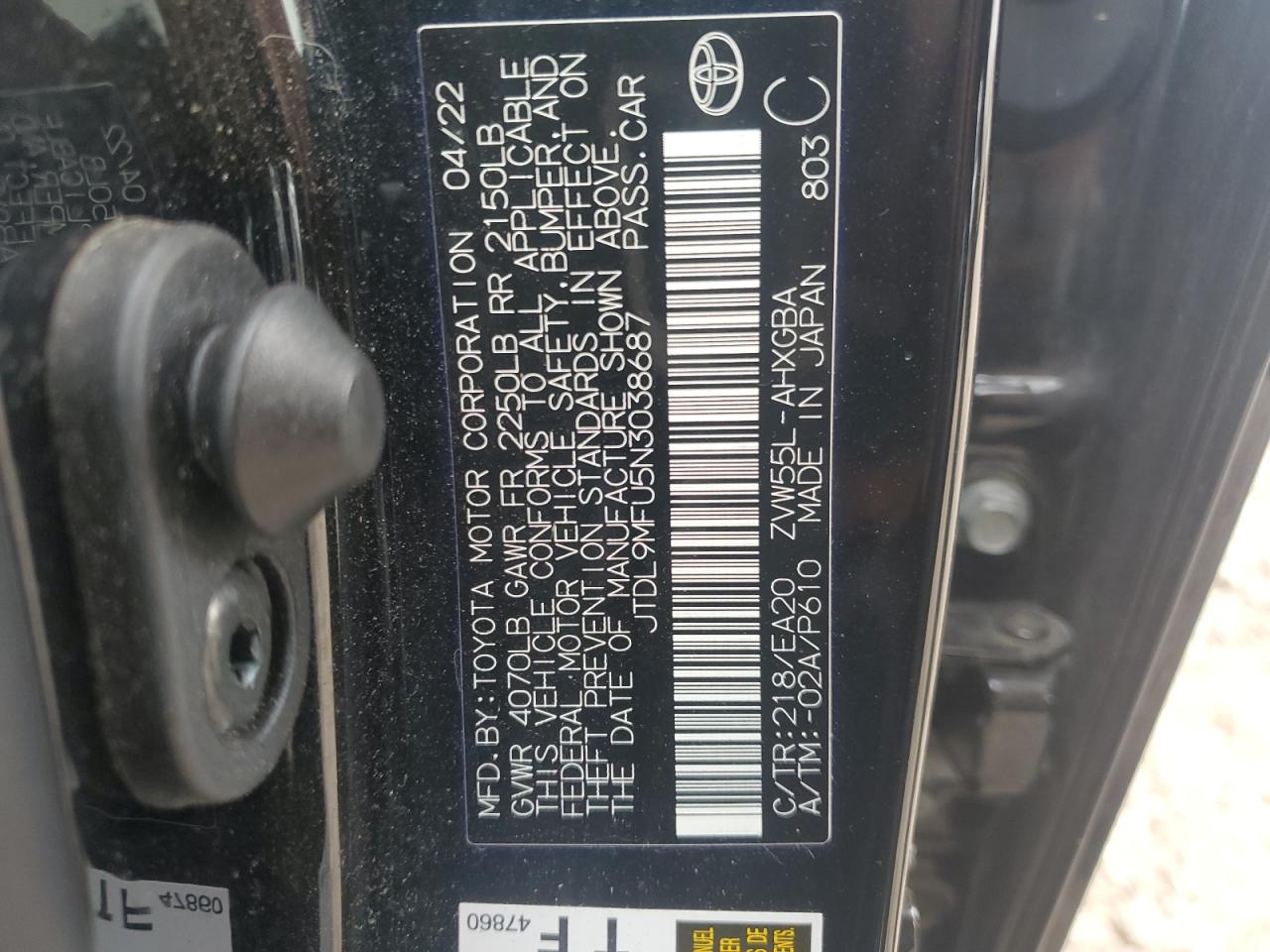 2022 Toyota Prius Le VIN: JTDL9MFU5N3038687 Lot: 65970164