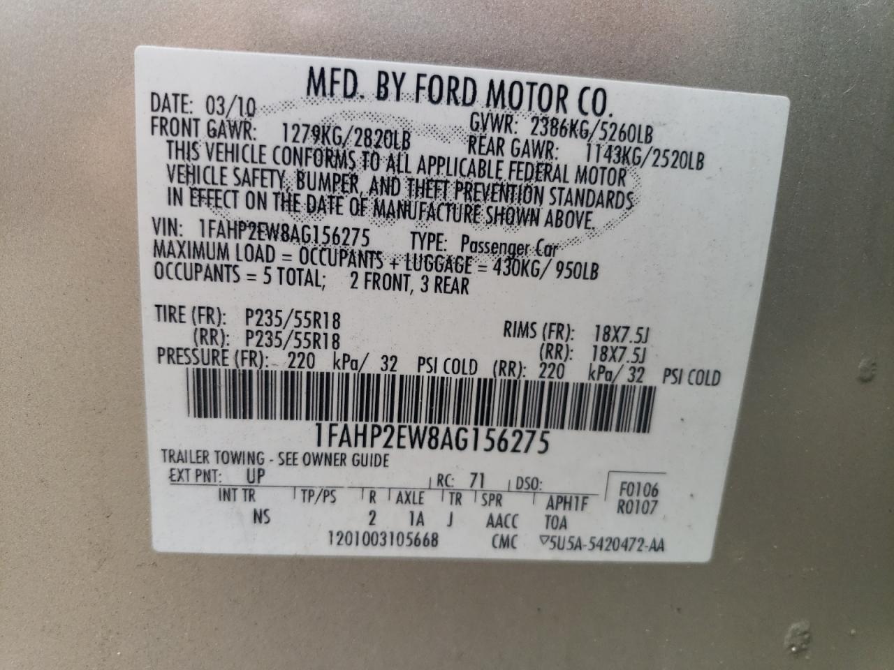 2010 Ford Taurus Sel VIN: 1FAHP2EW8AG156275 Lot: 68905984