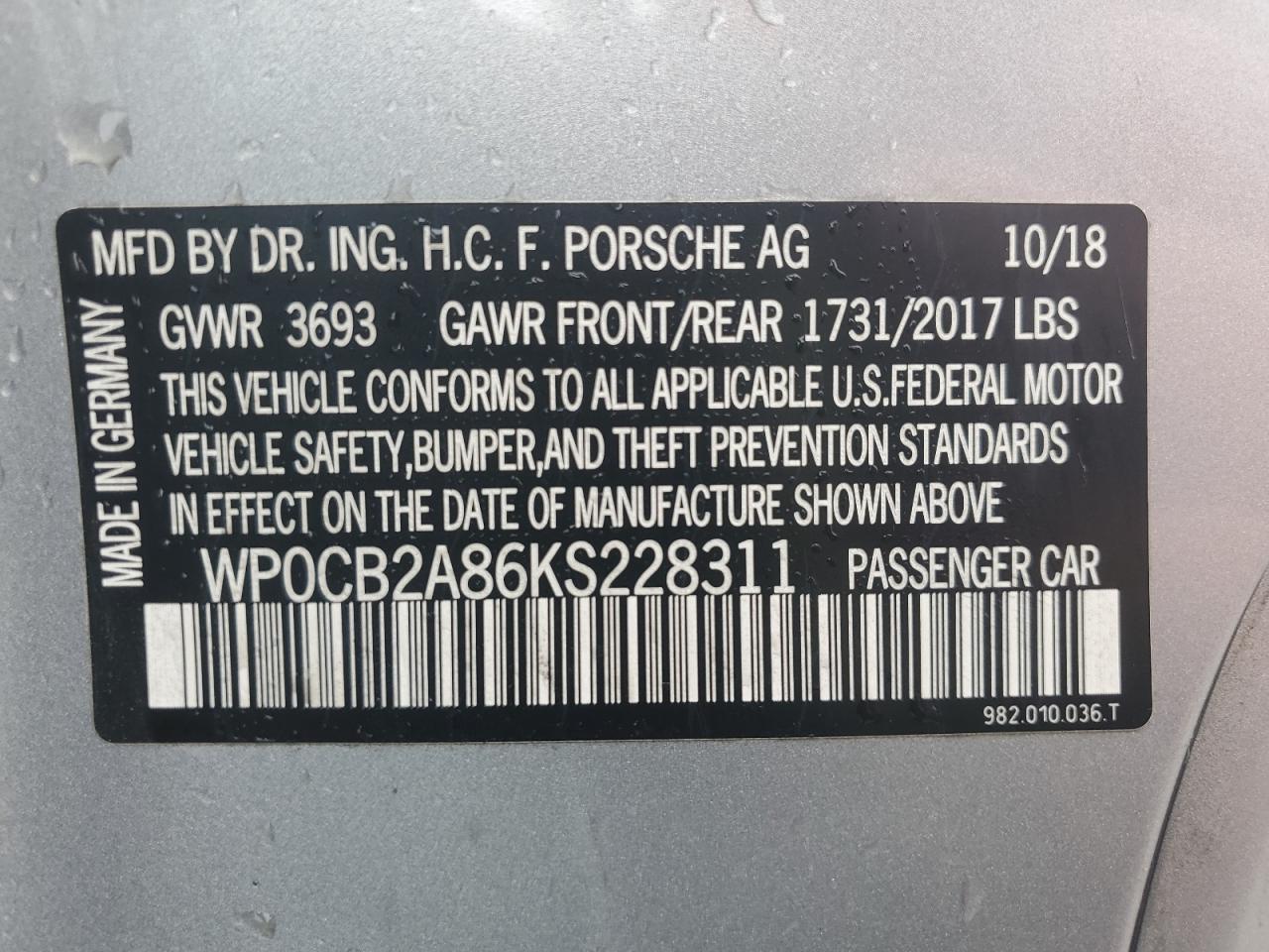 2019 Porsche Boxster S VIN: WP0CB2A86KS228311 Lot: 66485394