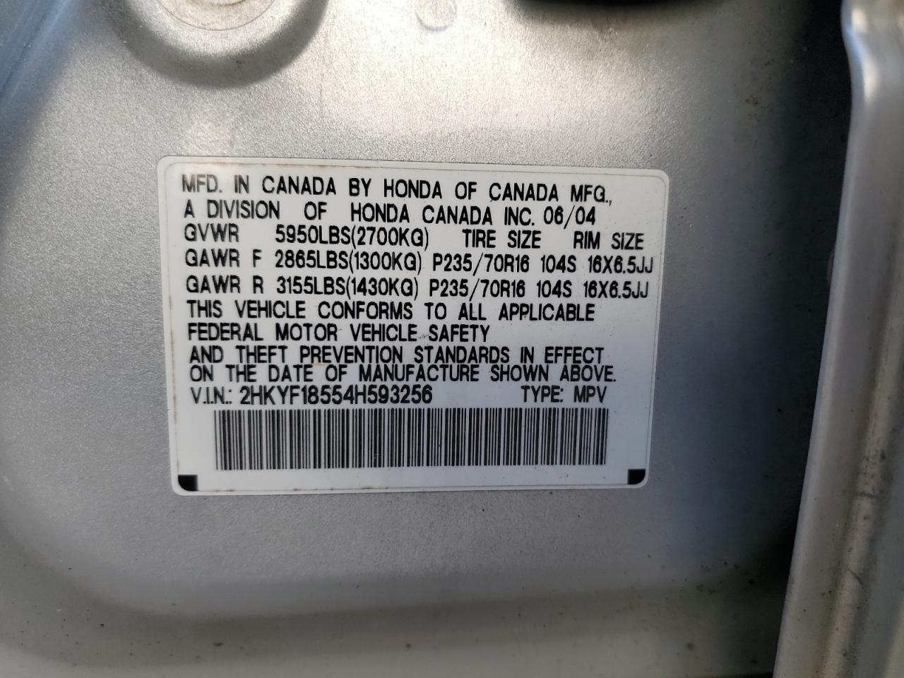 2004 Honda Pilot Exl VIN: 2HKYF18554H593256 Lot: 65261764