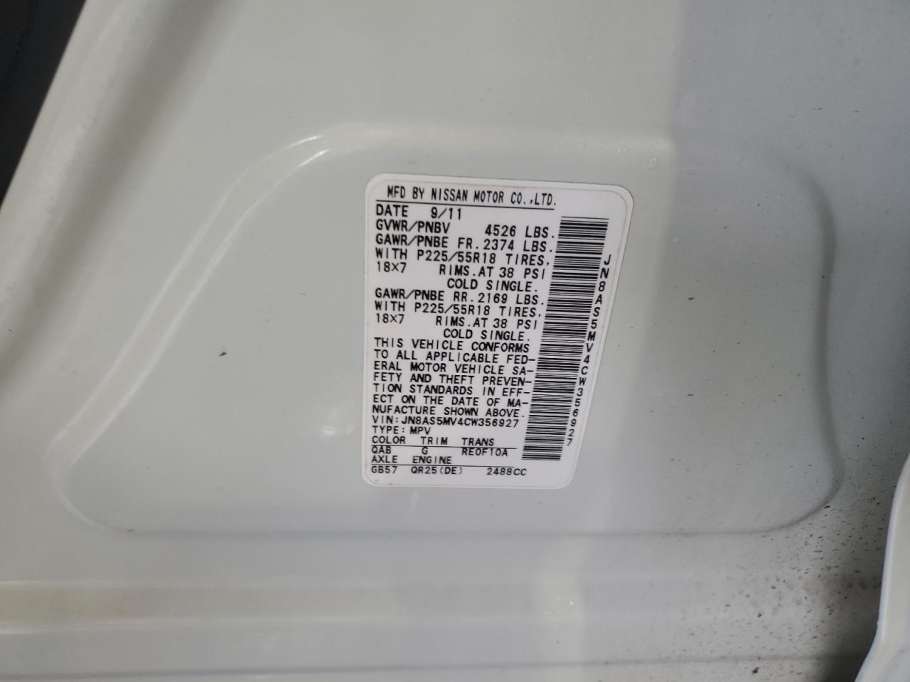 2012 Nissan Rogue S VIN: JN8AS5MV4CW356927 Lot: 66601484