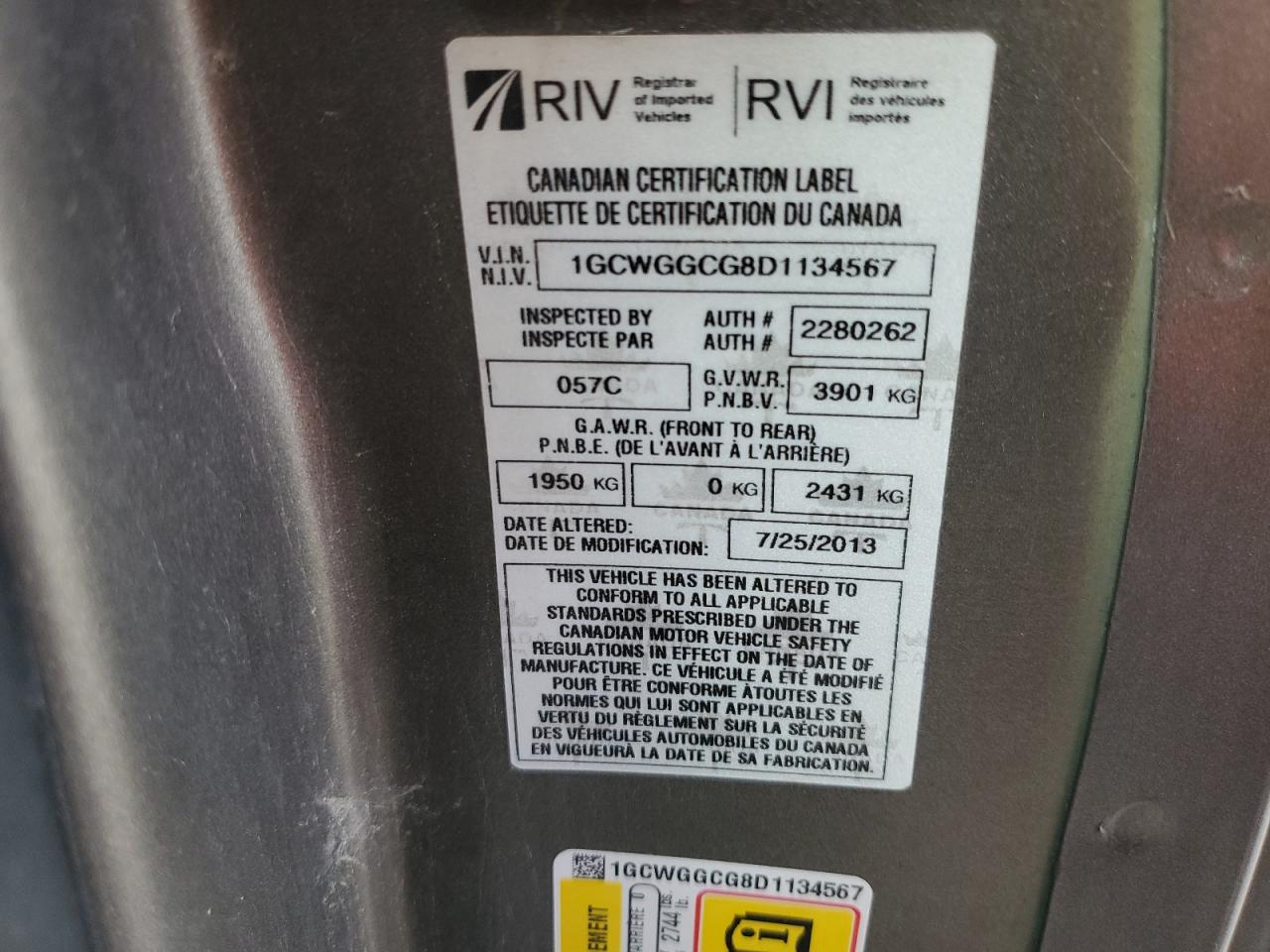 2013 Chevrolet Express G2500 VIN: 1GCWGGCG8D1134567 Lot: 67478674