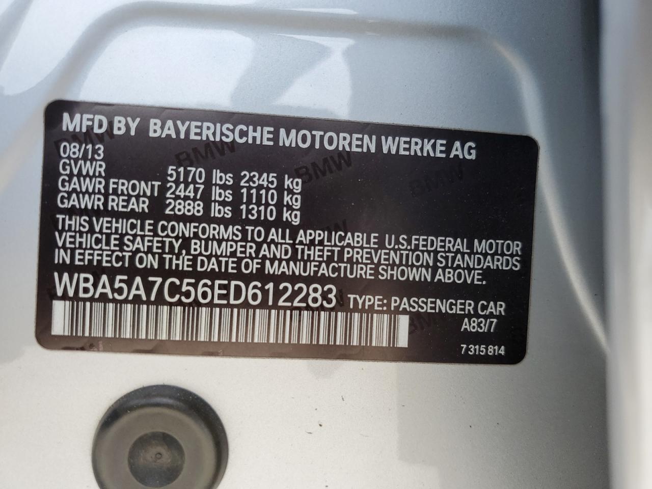 2014 BMW 528 Xi VIN: WBA5A7C56ED612283 Lot: 67122874
