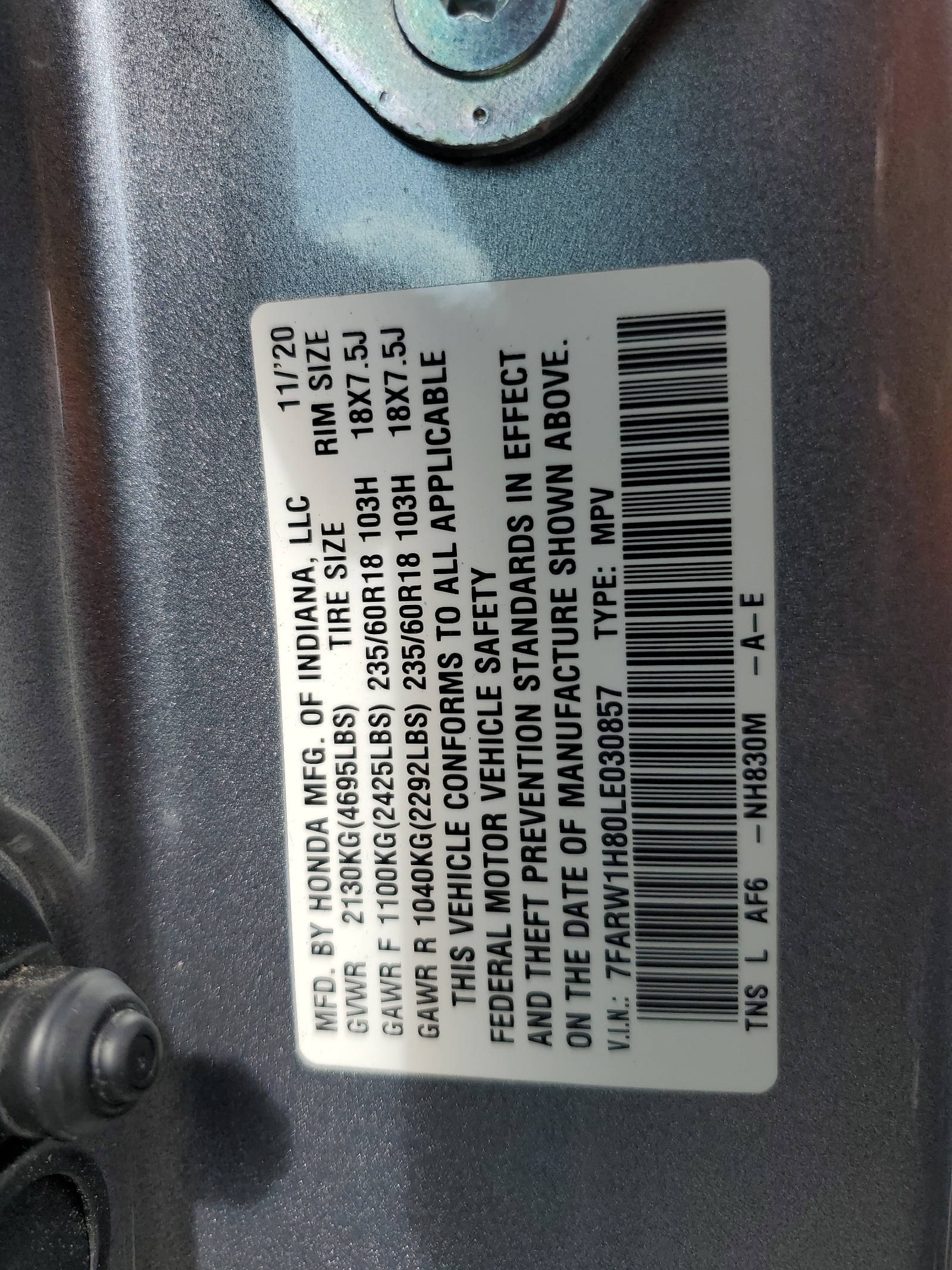 7FARW1H80LE030857 2020 Honda Cr-V Exl