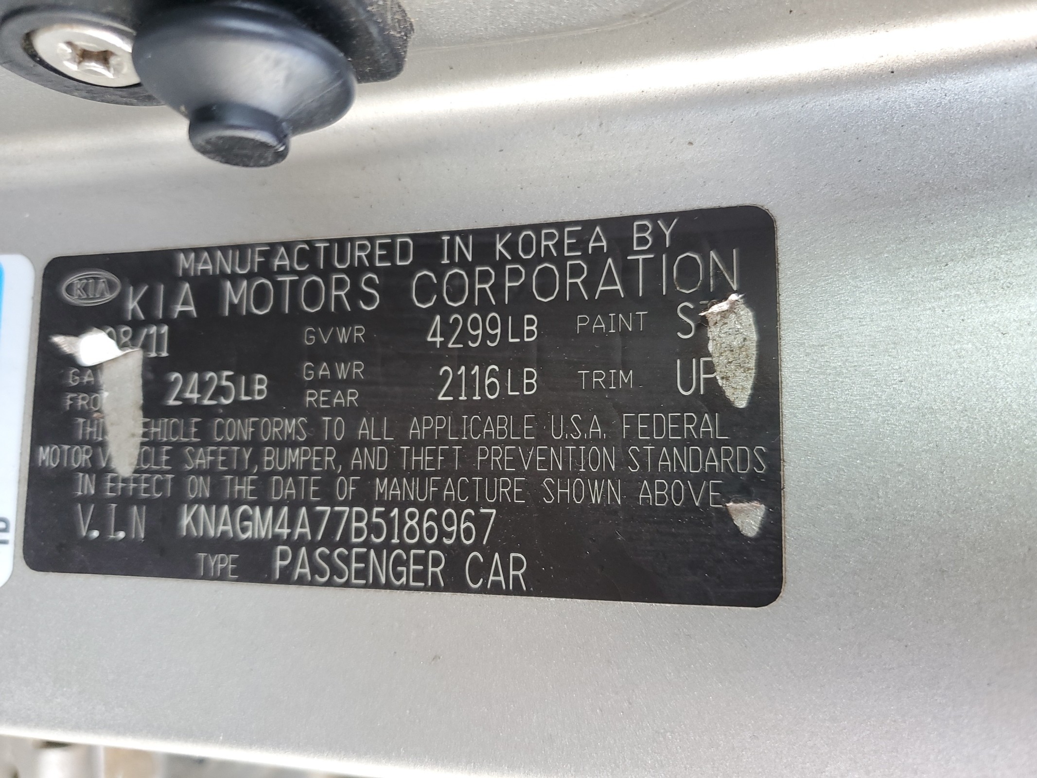 KNAGM4A77B5186967 2011 Kia Optima Lx