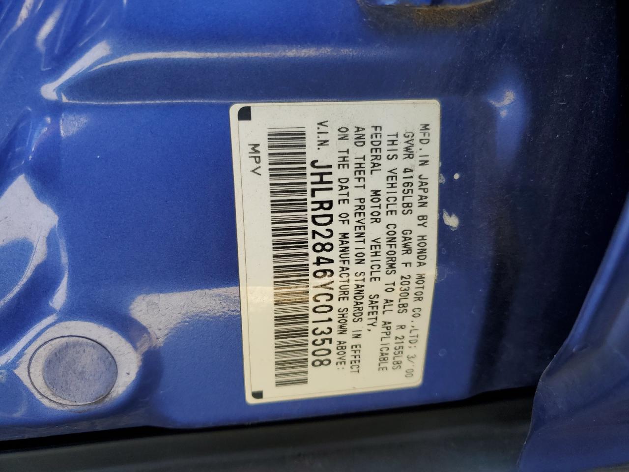 2000 Honda Cr-V Lx VIN: JHLRD2846YC013508 Lot: 68102244