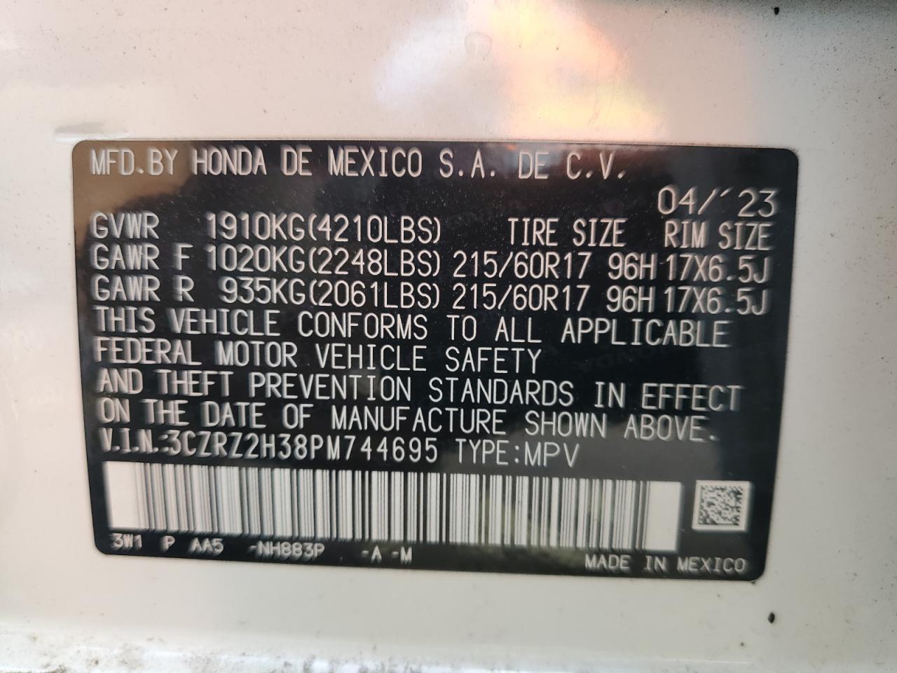 2023 Honda Hr-V Lx VIN: 3CZRZ2H38PM744695 Lot: 67994824