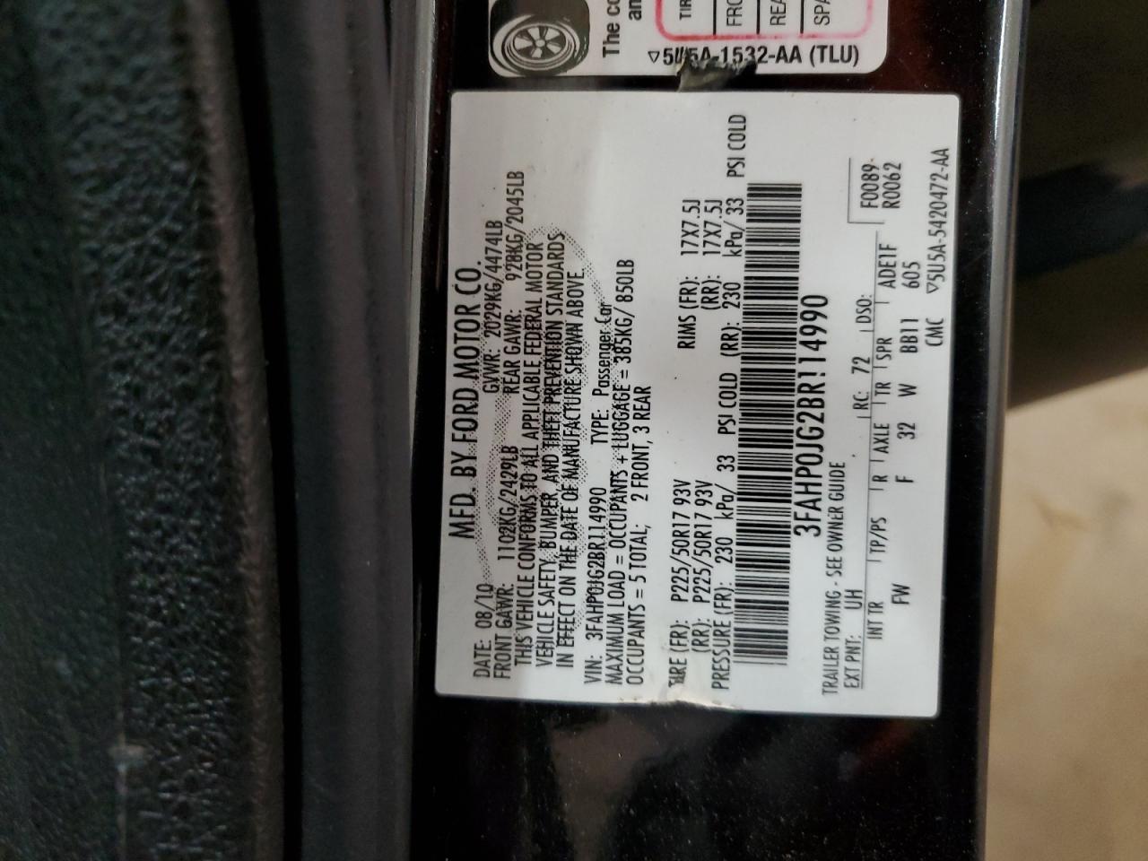 2011 Ford Fusion Sel VIN: 3FAHP0JG2BR114990 Lot: 66516234