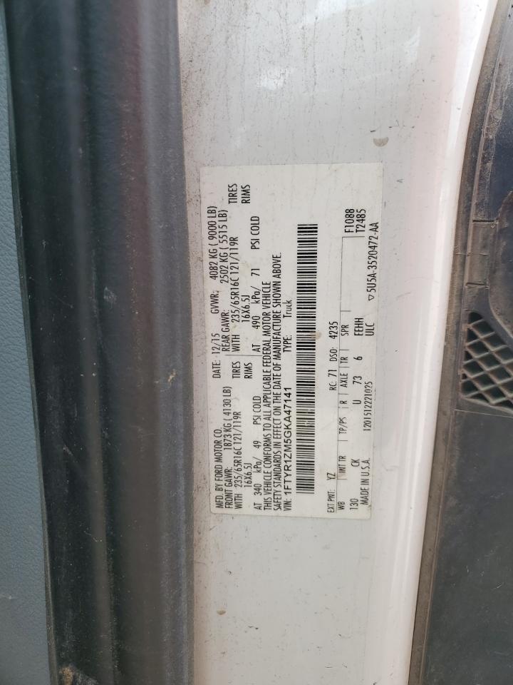 2016 Ford Transit T-250 VIN: 1FTYR1ZM5GKA47141 Lot: 67019884