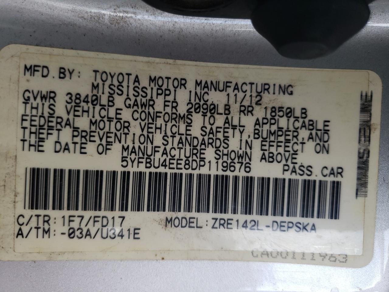 5YFBU4EE8DP119676 2013 Toyota Corolla Base