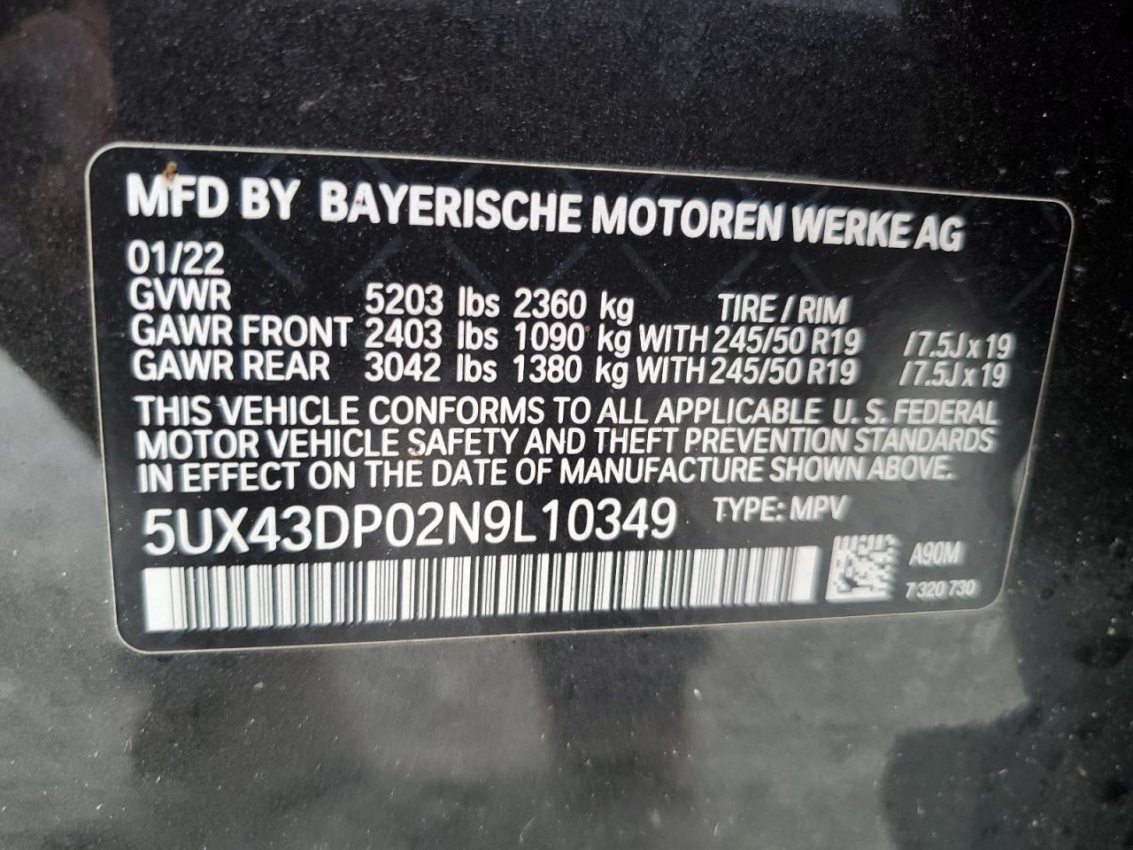 2022 BMW X3 Sdrive30I VIN: 5UX43DP02N9L10349 Lot: 67455414