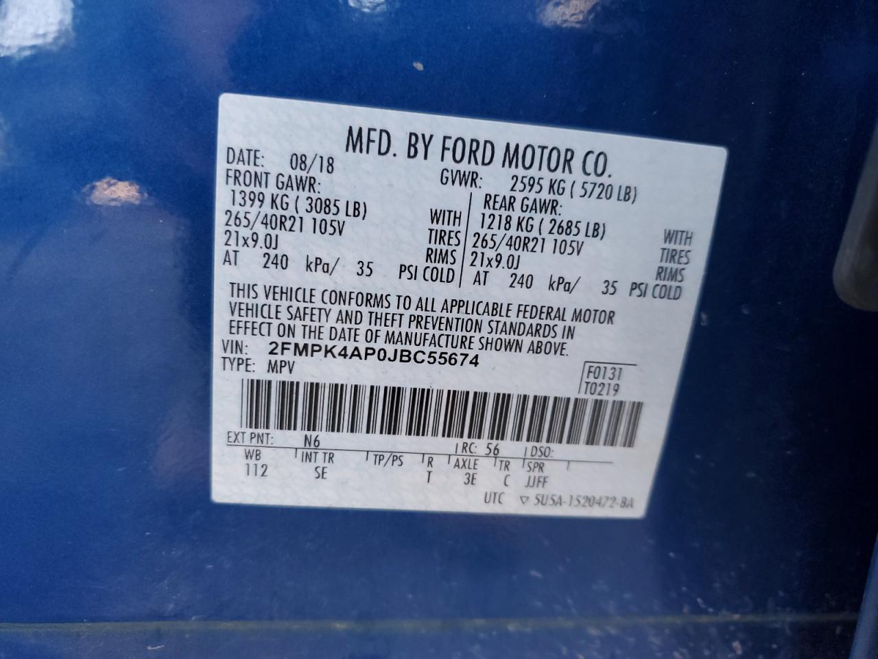 2018 Ford Edge Sport VIN: 2FMPK4AP0JBC55674 Lot: 65817354