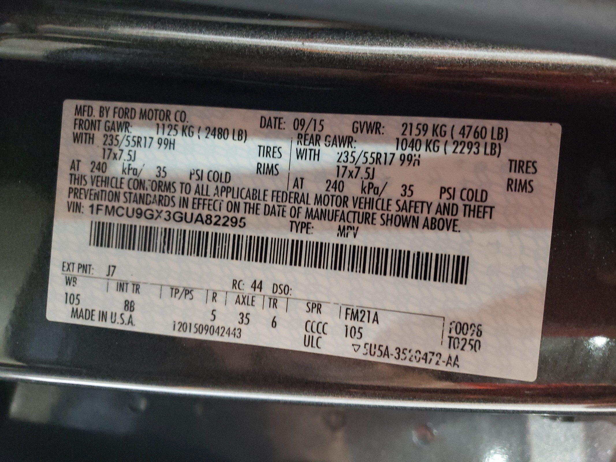 1FMCU9GX3GUA82295 2016 Ford Escape Se