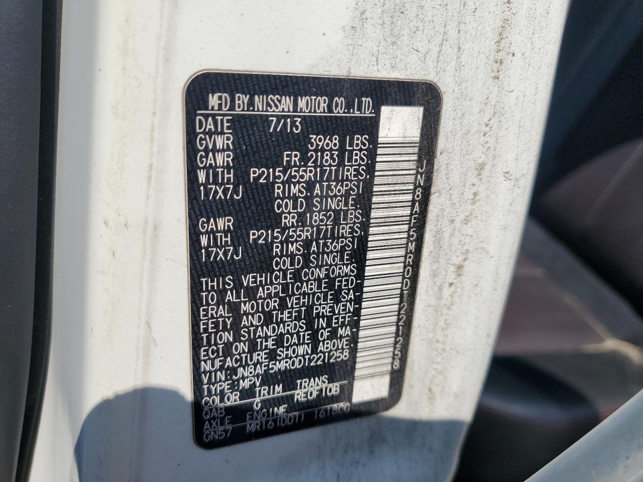 2013 Nissan Juke S VIN: JN8AF5MR0DT221258 Lot: 65809874