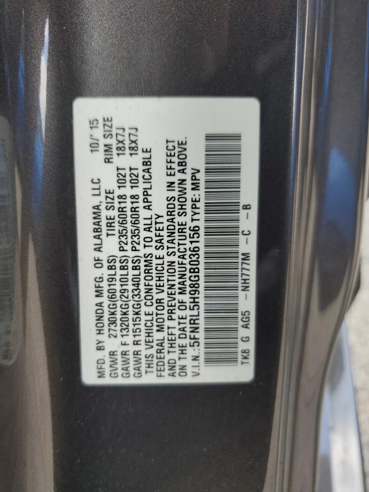 2016 Honda Odyssey Touring VIN: 5FNRL5H98GB036156 Lot: 65262664