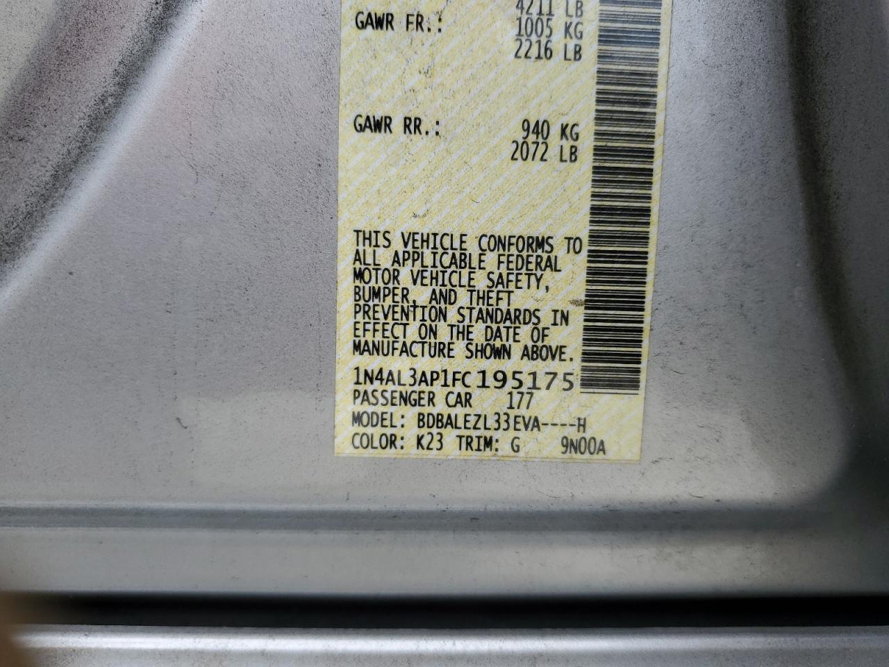 2015 Nissan Altima 2.5 VIN: 1N4AL3AP1FC195175 Lot: 64752764