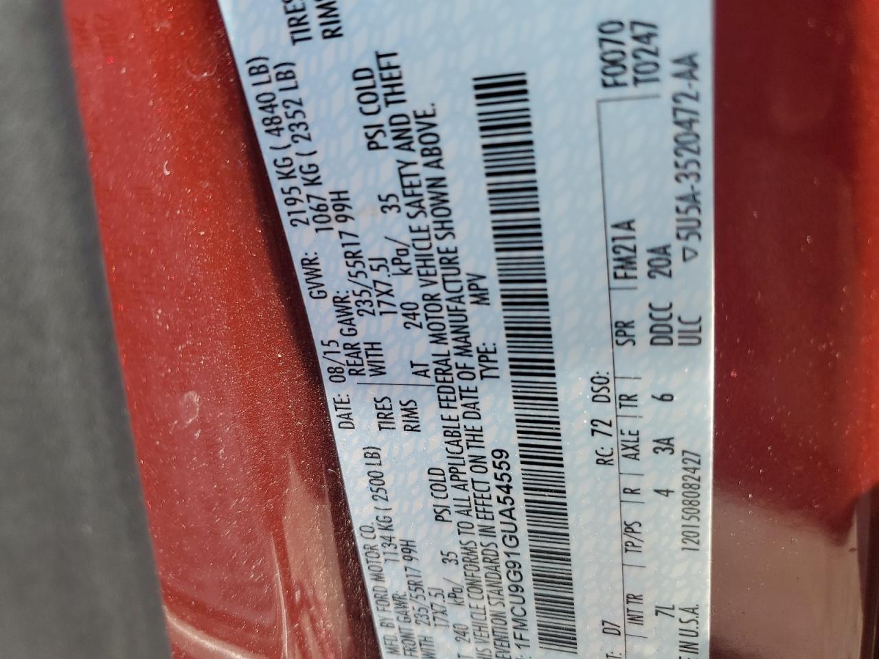 2016 Ford Escape Se VIN: 1FMCU9G91GUA54559 Lot: 65994834