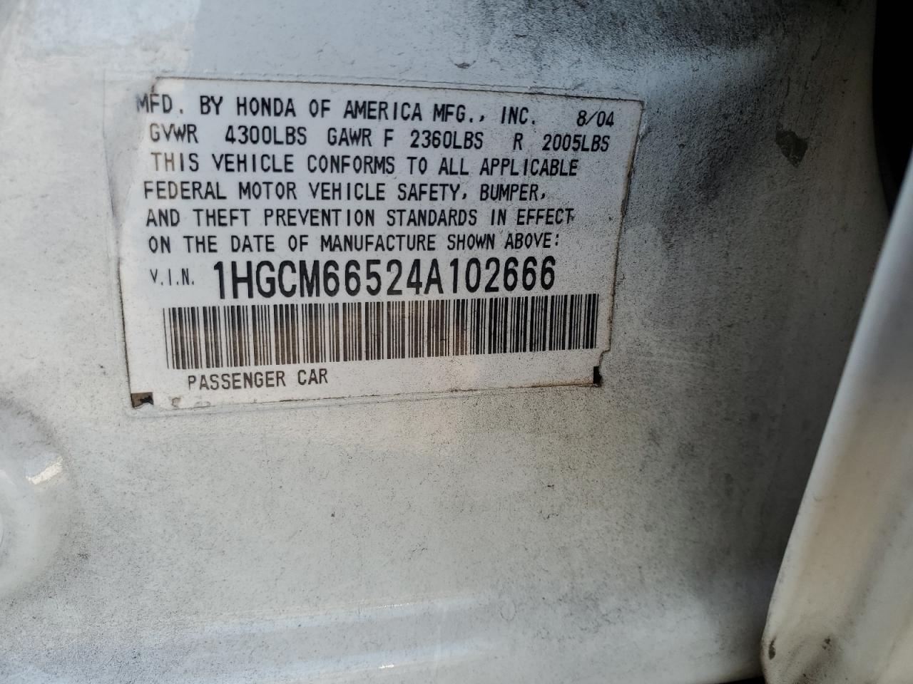 1HGCM66524A102666 2004 Honda Accord Ex