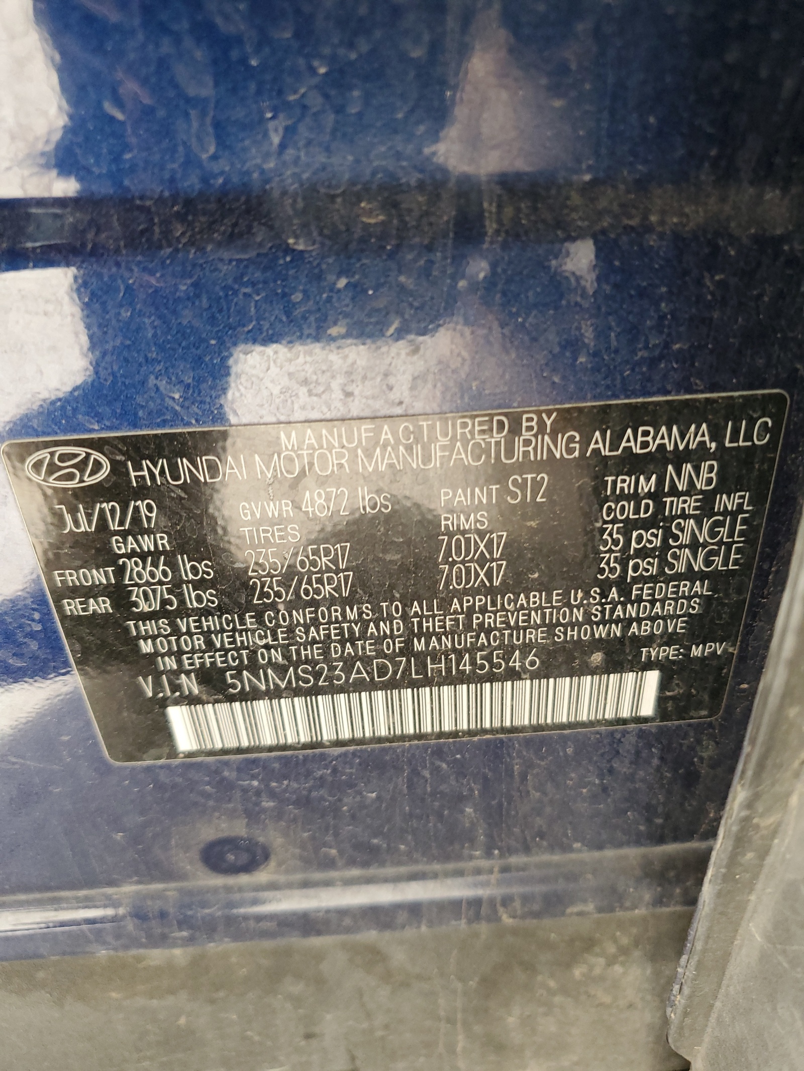 5NMS23AD7LH145546 2020 Hyundai Santa Fe Se