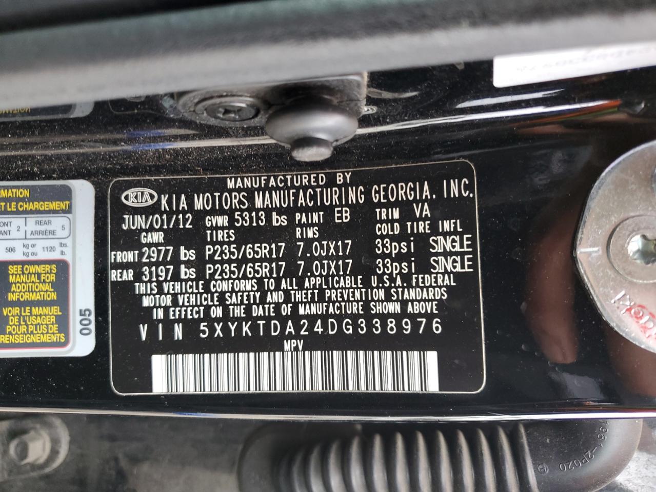 2013 Kia Sorento Lx VIN: 5XYKTDA24DG338976 Lot: 66042984