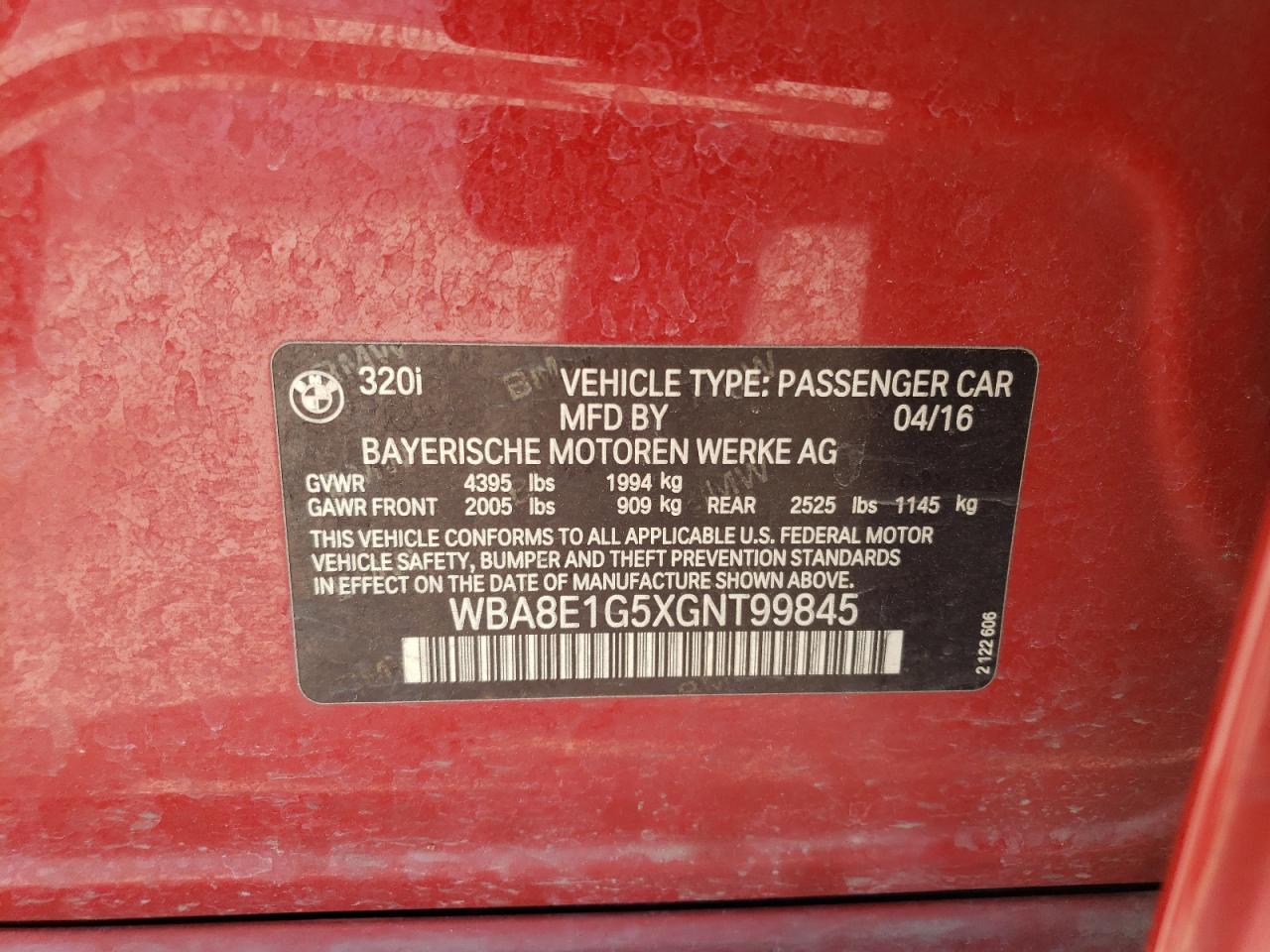 2016 BMW 320 I VIN: WBA8E1G5XGNT99845 Lot: 66045424