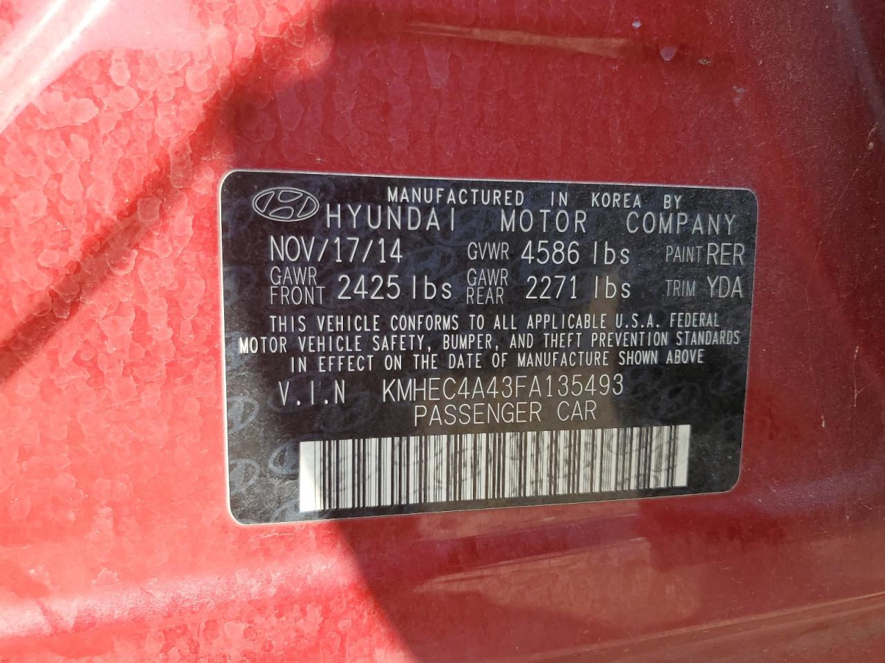 2015 Hyundai Sonata Hybrid VIN: KMHEC4A43FA135493 Lot: 69509124