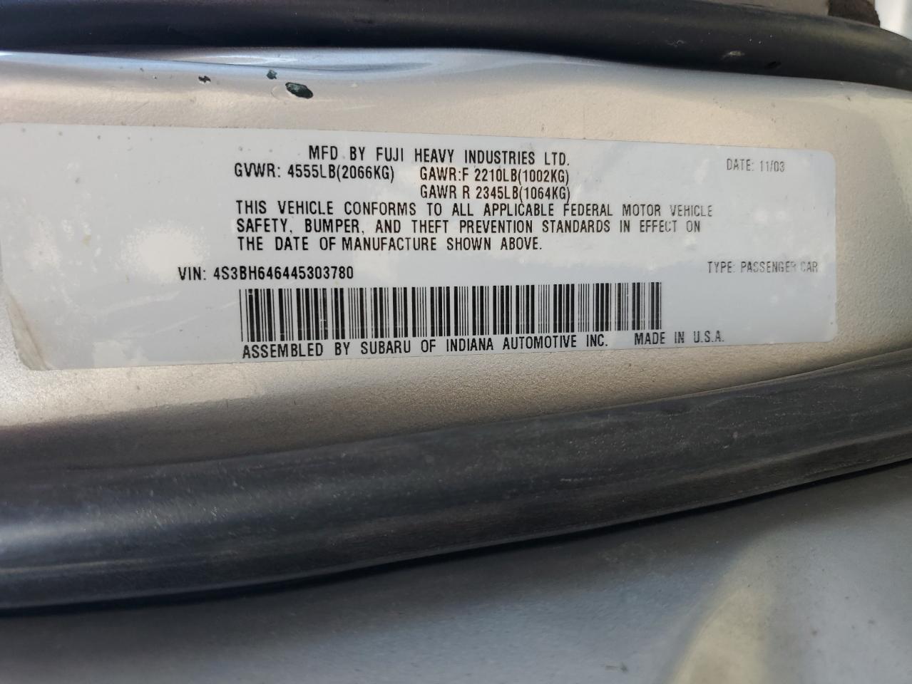 4S3BH646445303780 2004 Subaru Legacy Gt