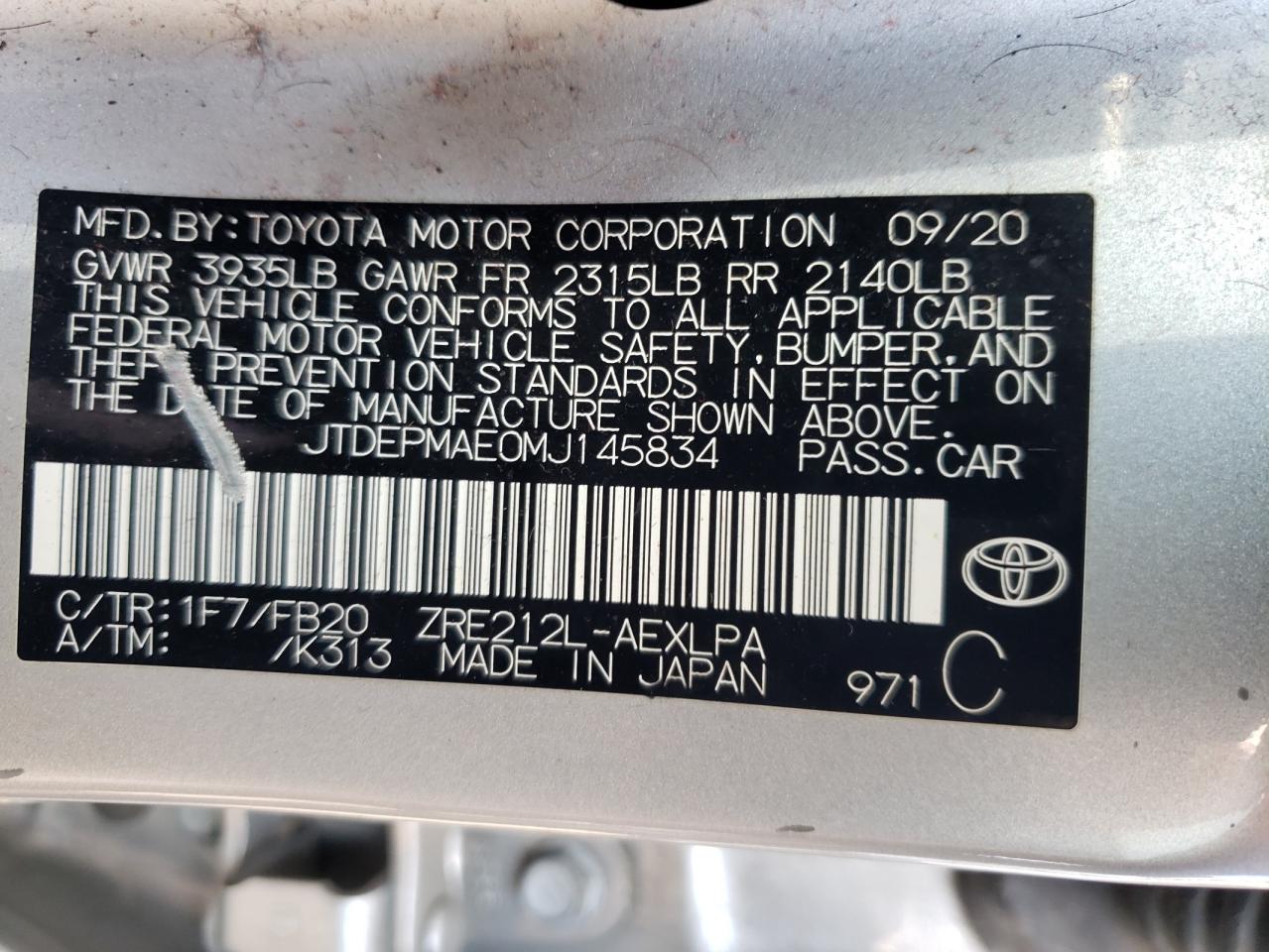 2021 Toyota Corolla Le VIN: JTDEPMAE0MJ145834 Lot: 68508584