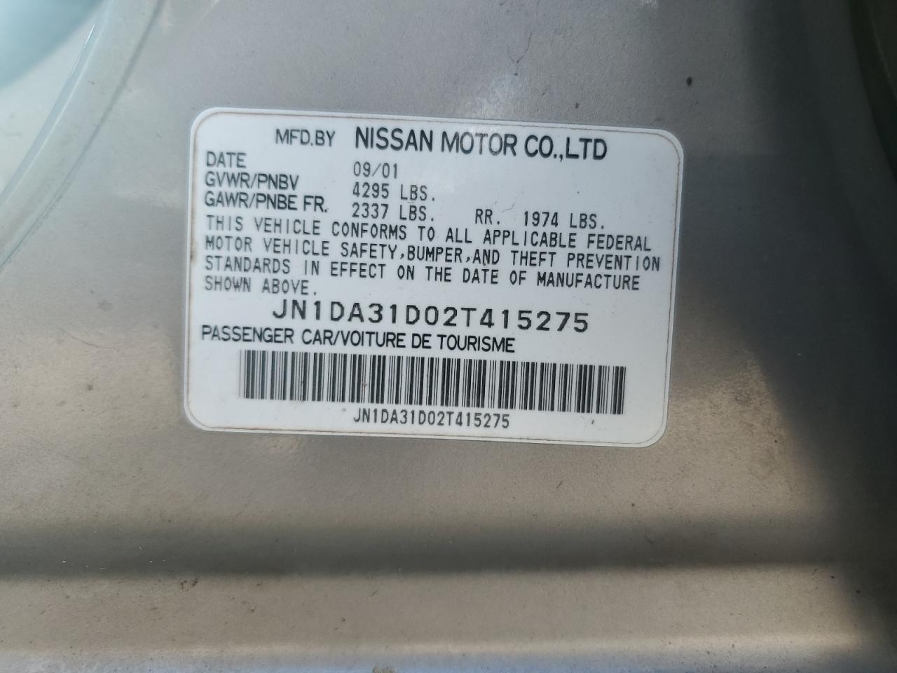 JN1DA31D02T415275 2002 Nissan Maxima Gle