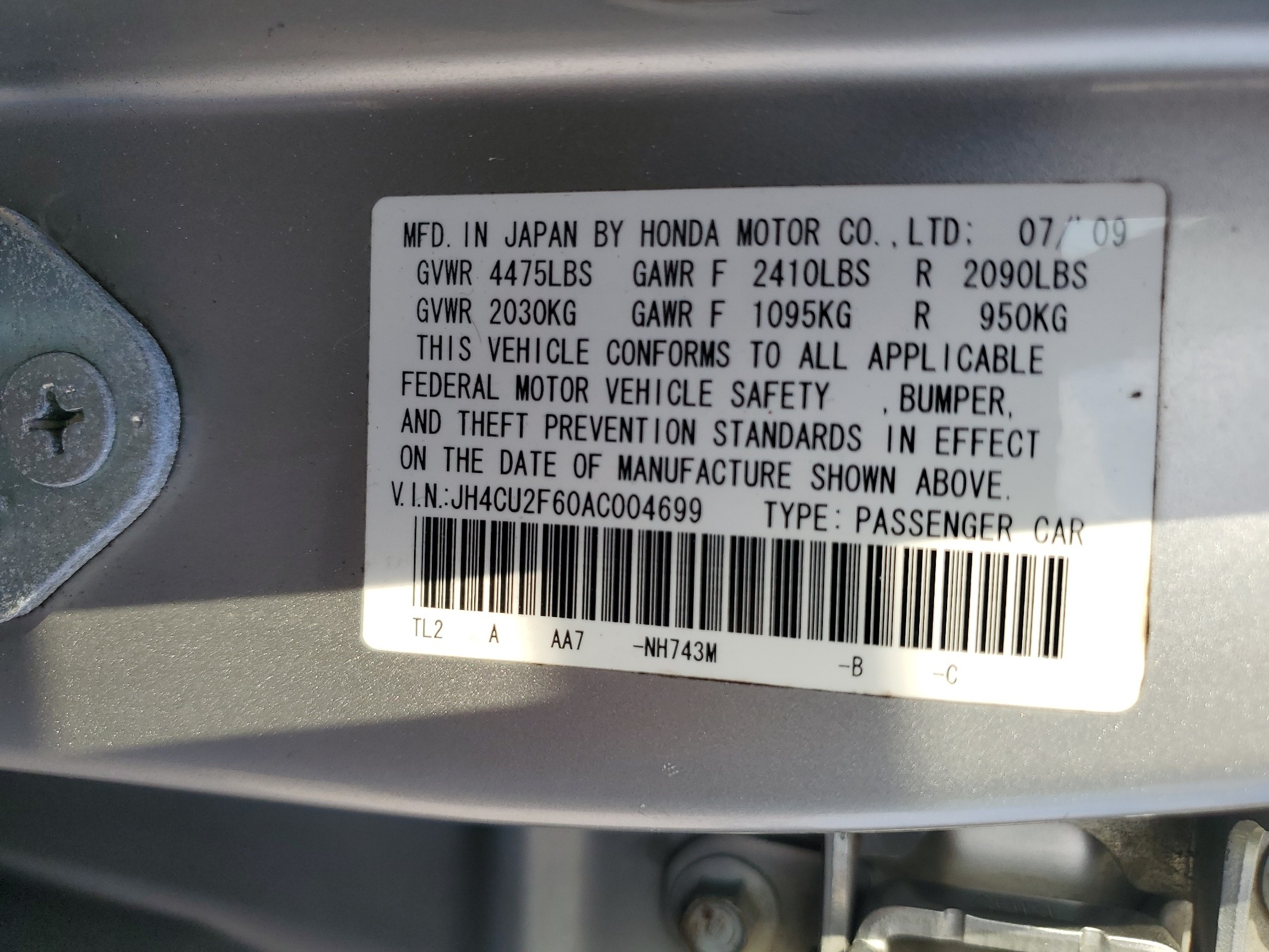 JH4CU2F60AC004699 2010 Acura Tsx