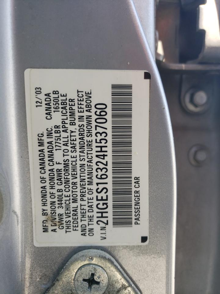 2004 Honda Civic Dx Vp VIN: 2HGES16324H537060 Lot: 69252134