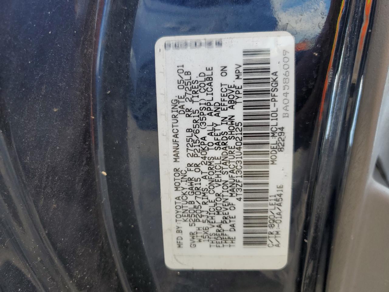 2001 Toyota Sienna Le VIN: 4T3ZF13C31U402125 Lot: 66430484