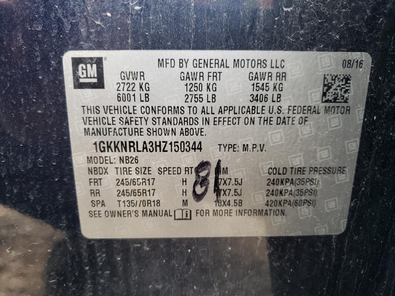 1GKKNRLA3HZ150344 2017 GMC Acadia Sle