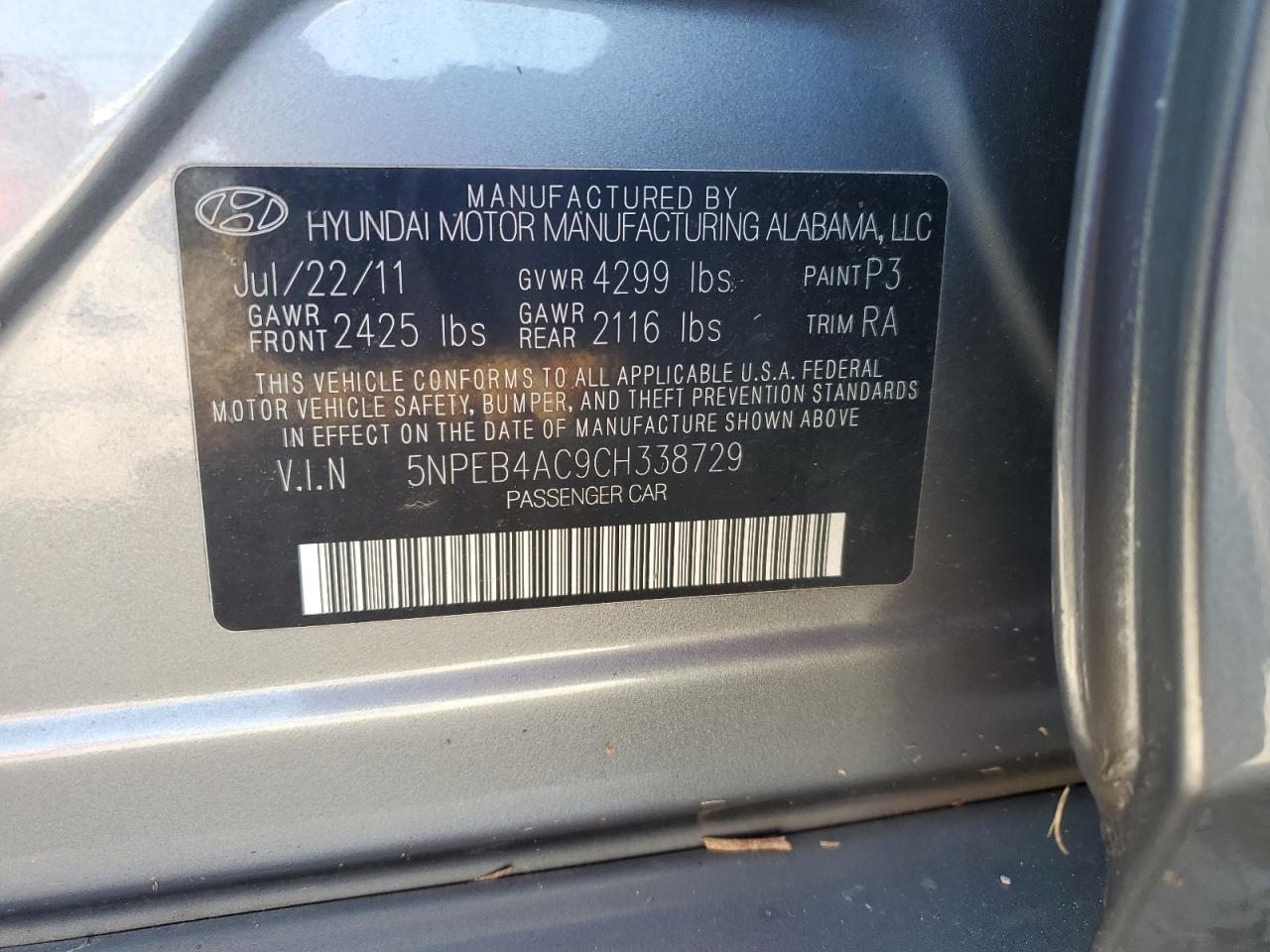 5NPEB4AC9CH338729 2012 Hyundai Sonata Gls