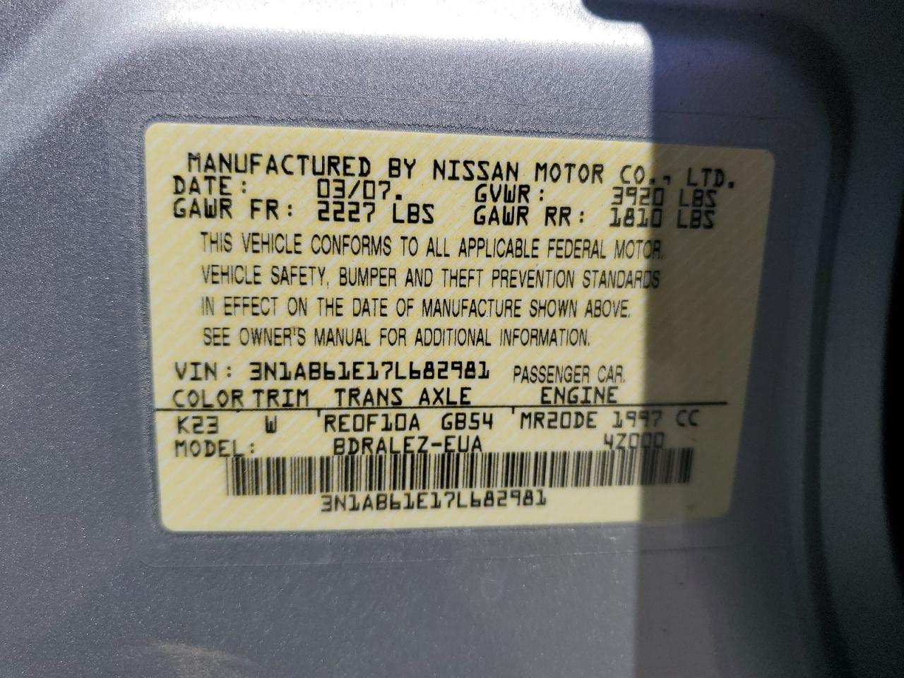 2007 Nissan Sentra 2.0 VIN: 3N1AB61E17L682981 Lot: 66205304