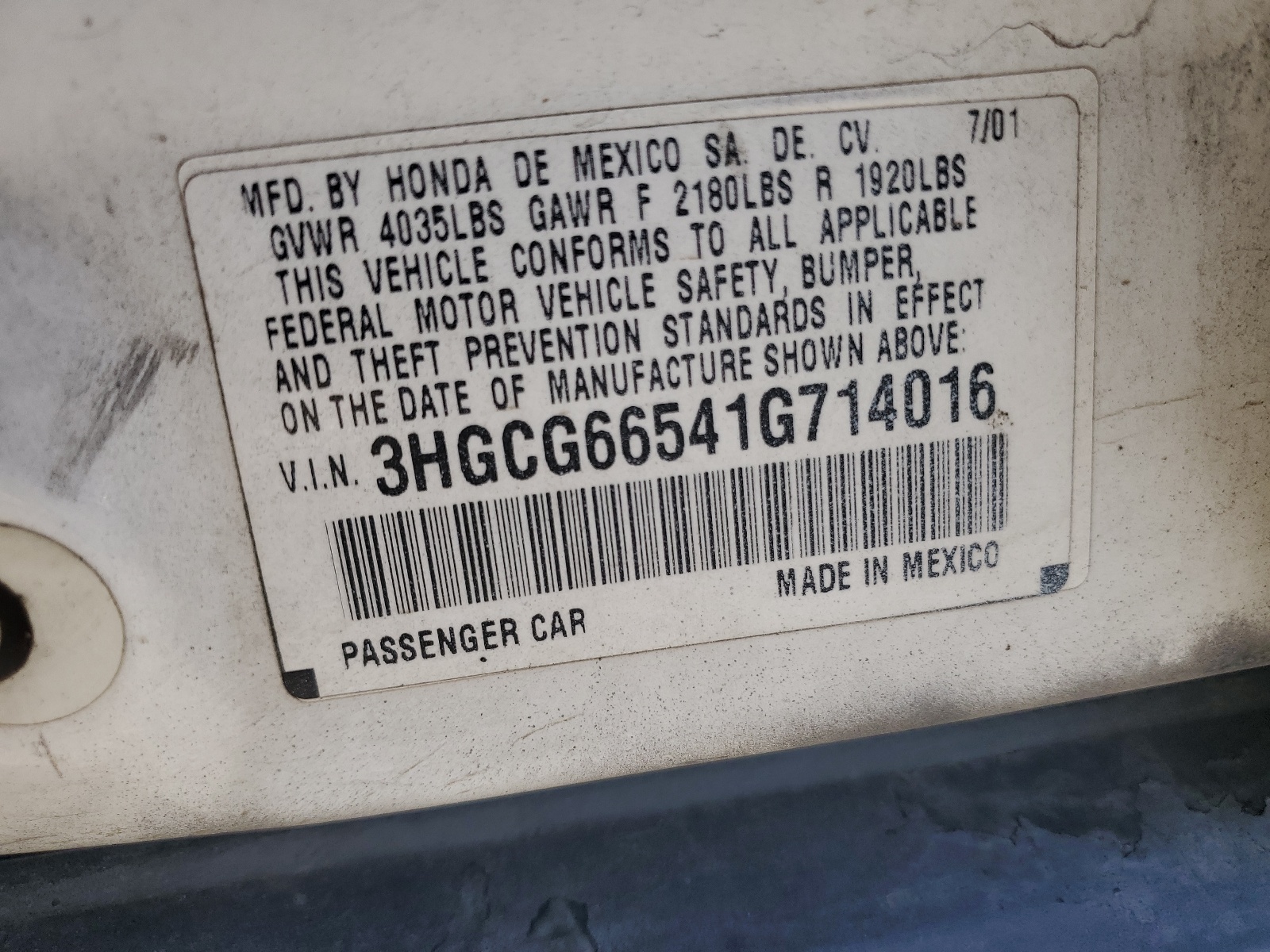 3HGCG66541G714016 2001 Honda Accord Lx