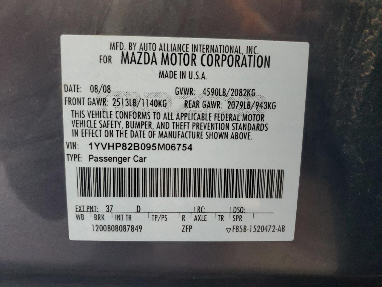 1YVHP82B095M06754 2009 Mazda 6 S