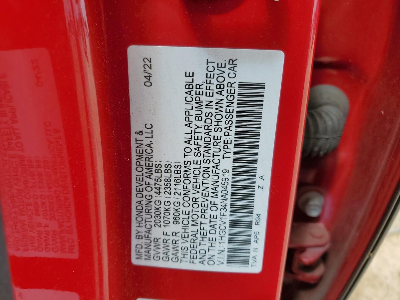 2022 Honda Accord Sport VIN: 1HGCV1F34NA045919 Lot: 66269414