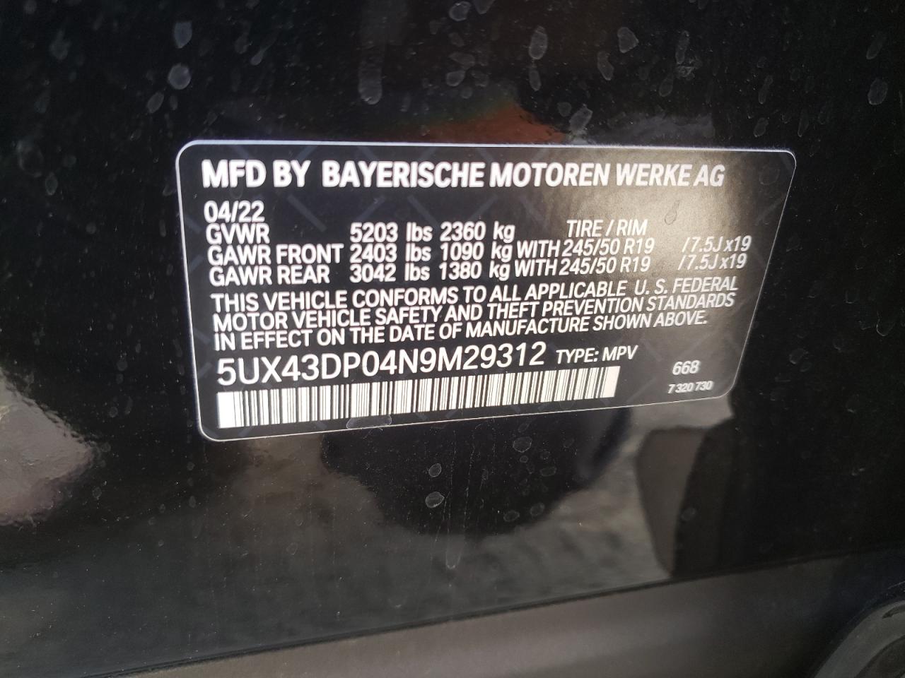 2022 BMW X3 Sdrive30I VIN: 5UX43DP04N9M29312 Lot: 67608674