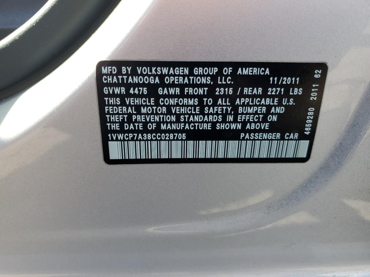 2012 Volkswagen Passat Sel VIN: 1VWCP7A38CC028705 Lot: 65589494