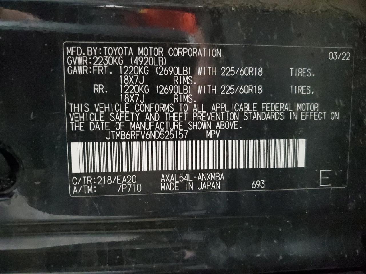 JTMB6RFV6ND525157 2022 Toyota Rav4 Xle Premium