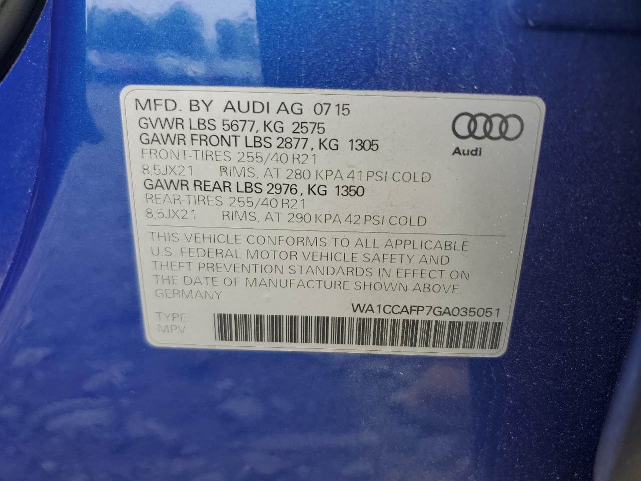 2016 Audi Sq5 Premium Plus VIN: WA1CCAFP7GA035051 Lot: 68843044