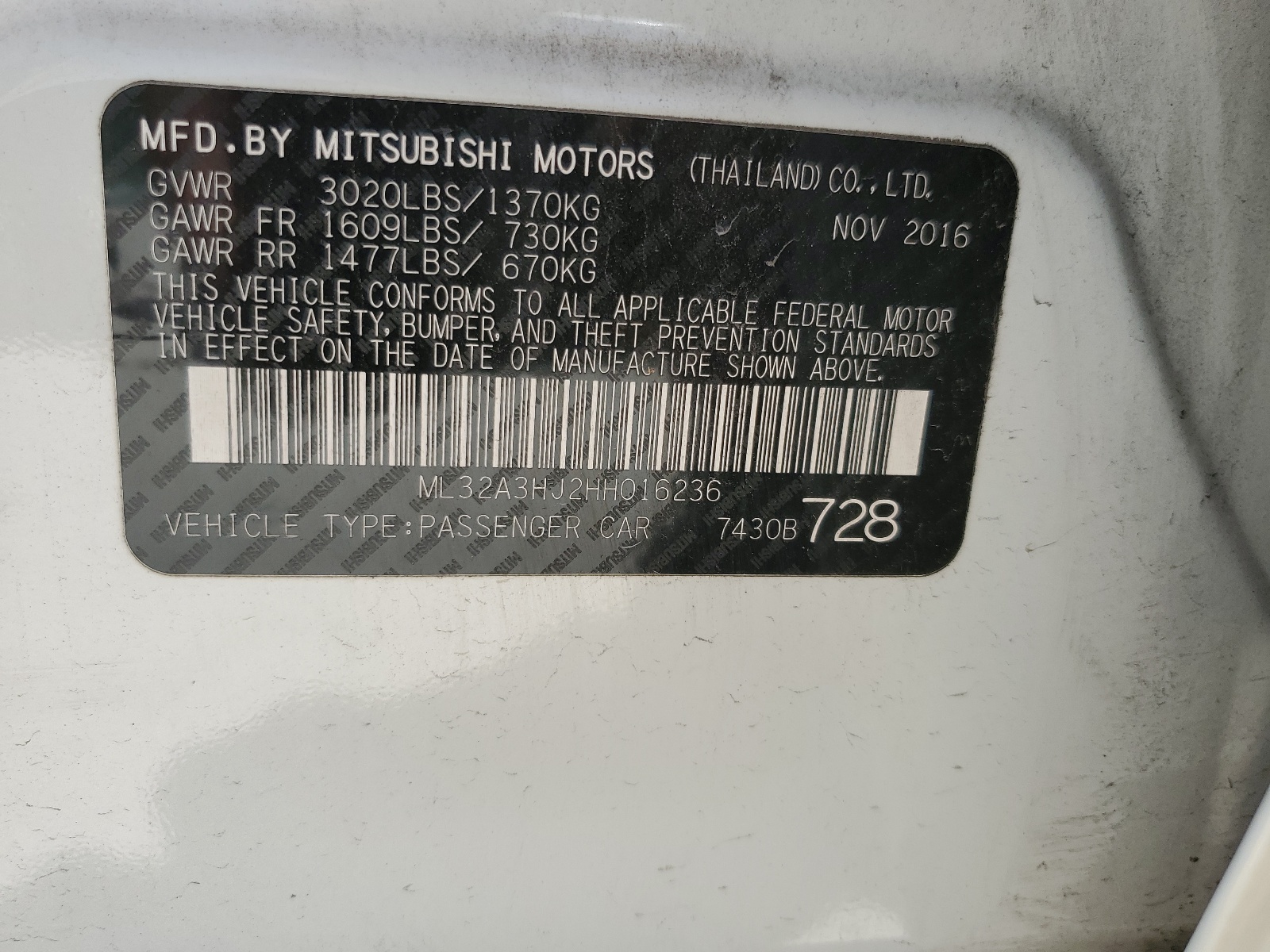 ML32A3HJ2HH016236 2017 Mitsubishi Mirage Es