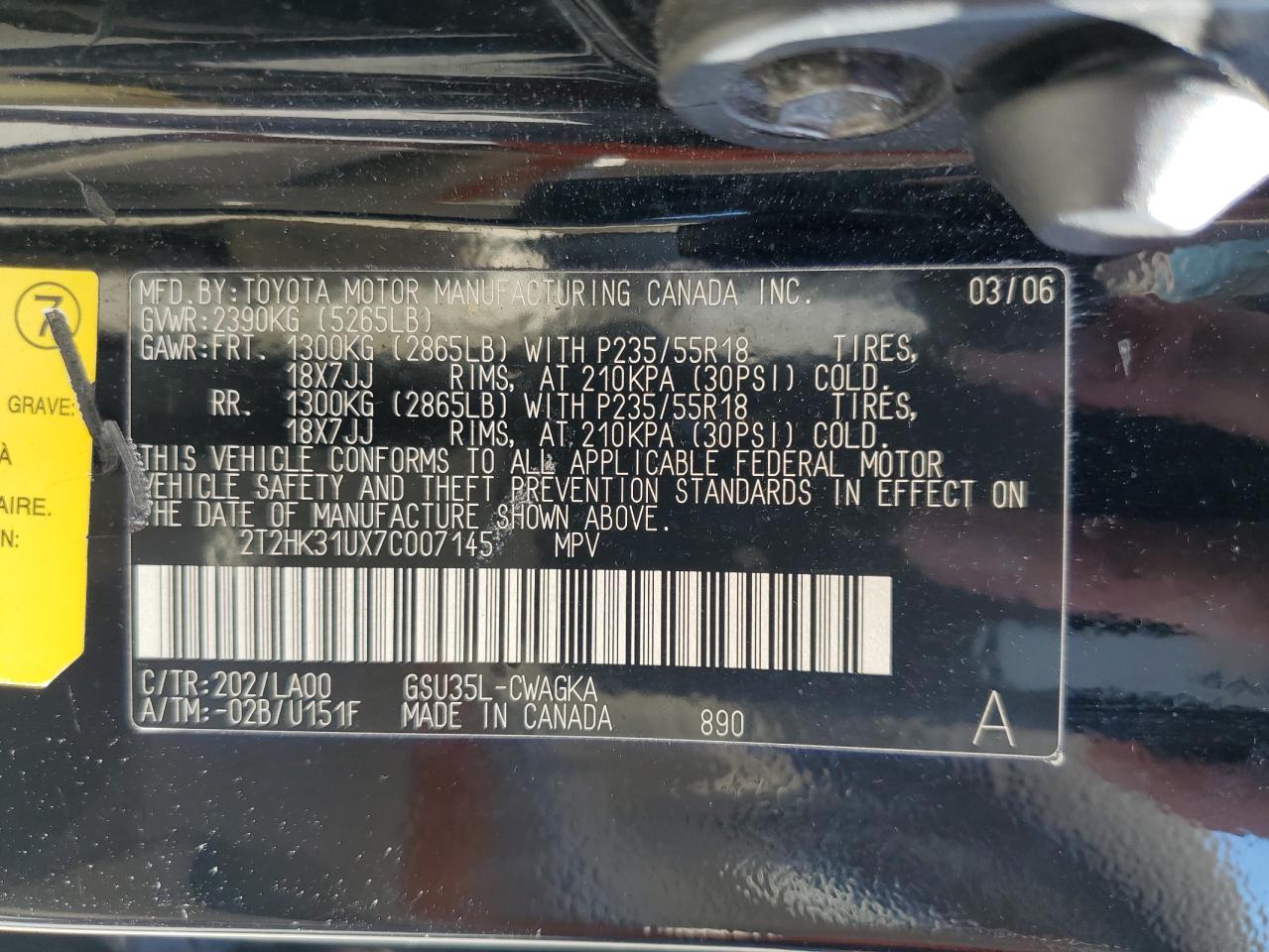 2007 Lexus Rx 350 VIN: 2T2HK31UX7C007145 Lot: 66991184