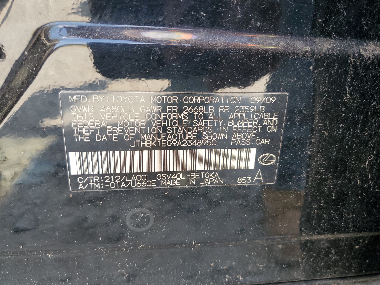 JTHBK1EG9A2348950 2010 Lexus Es 350