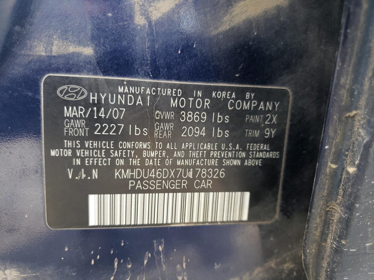 2007 Hyundai Elantra Gls VIN: KMHDU46DX7U178326 Lot: 67980564