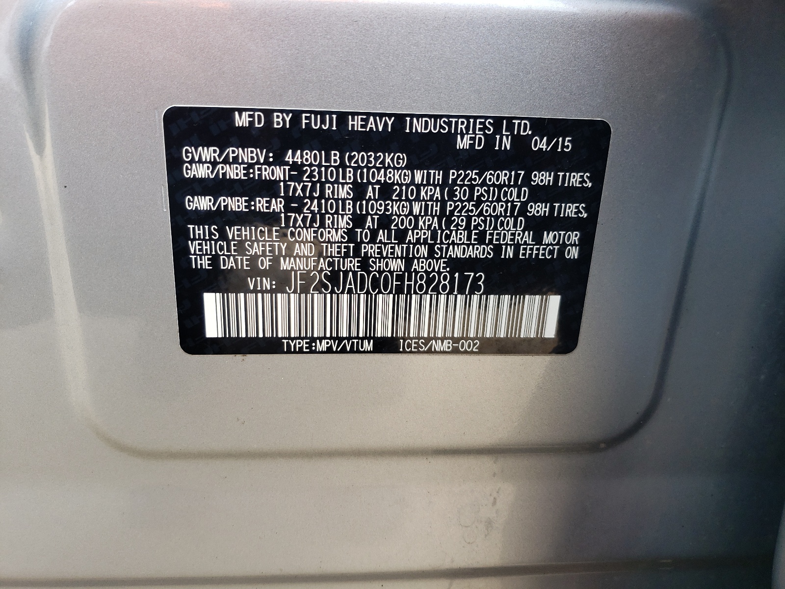 JF2SJADC0FH828173 2015 Subaru Forester 2.5I Premium